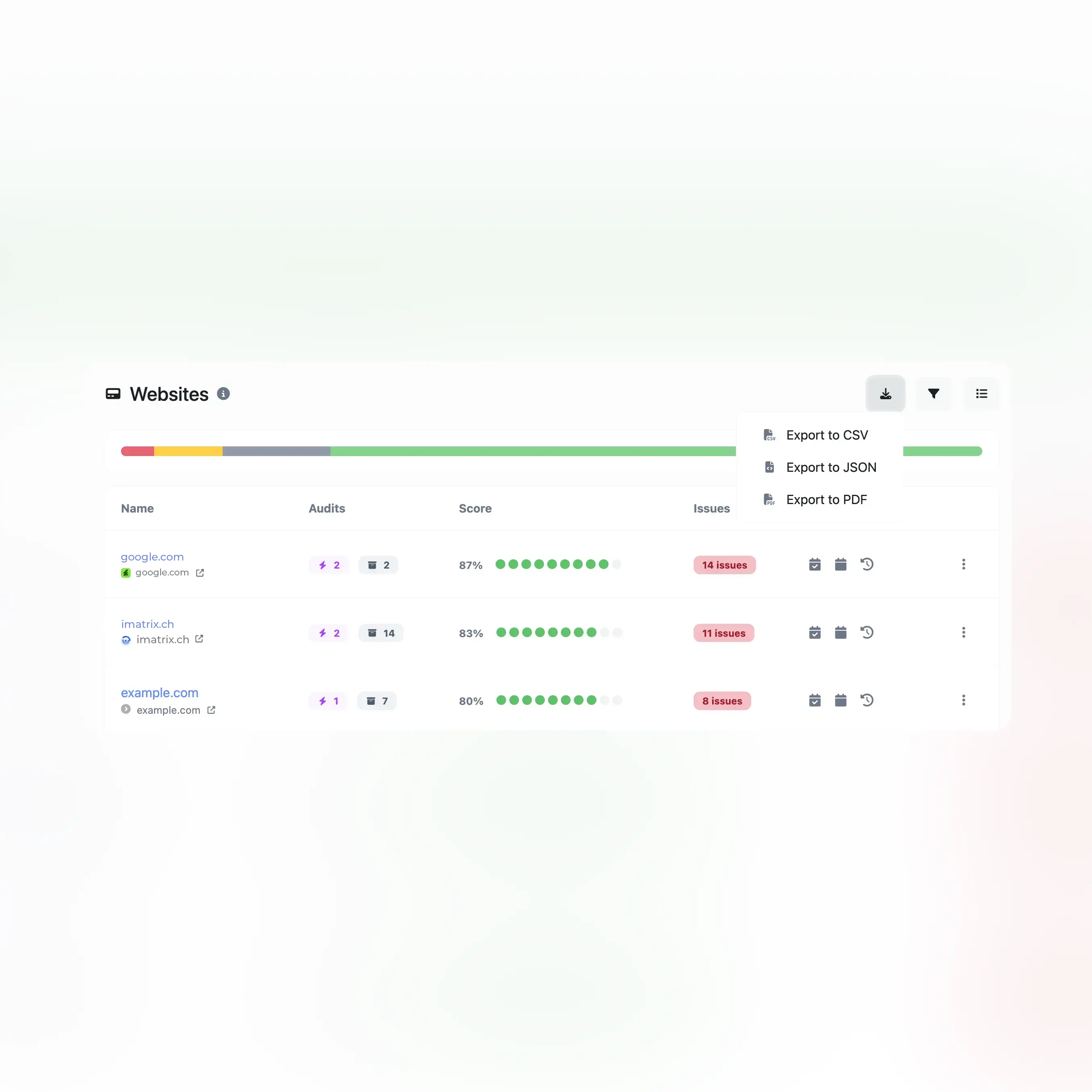 Screenshot der App CSV, PDF, CSV-Exportfunktionen